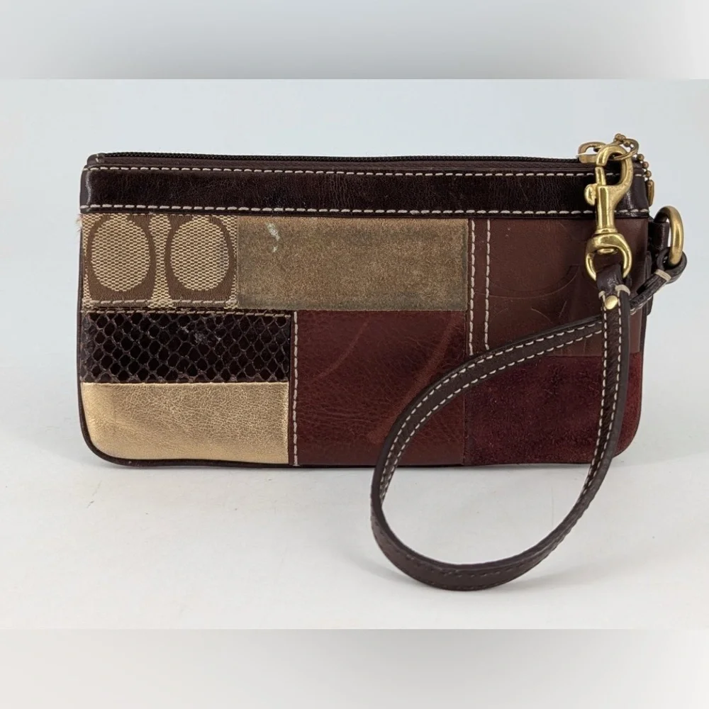 Coach Patchwork Signature Canvas Leather Brown Wristlet Clutch Pouch - Picture 2 of 7